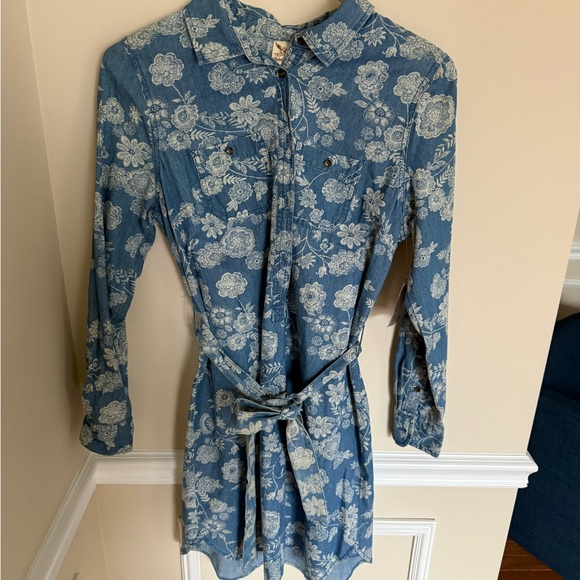 New With Tags Y2K Boho Floral Chambray Belted Button-Up Collared Dress Size S - Picture 2 of 10